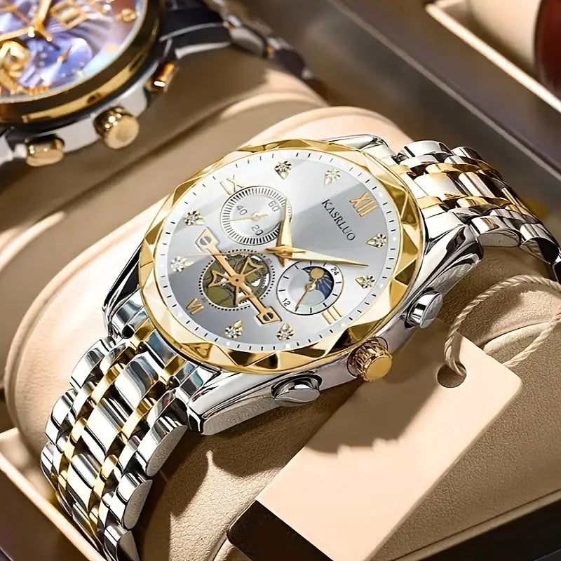 KASRLUO Men's Elegant Quartz Watch, Stainless Steel Band & Case, Sporty Business Style, Non-Rechargeable Battery
