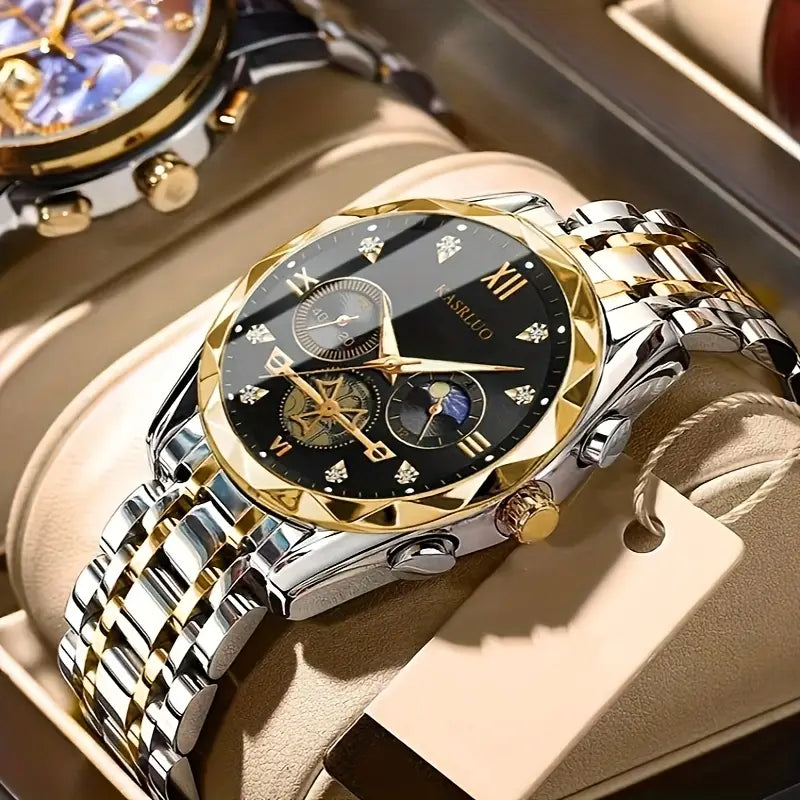 KASRLUO Men's Elegant Quartz Watch, Stainless Steel Band & Case, Sporty Business Style, Non-Rechargeable Battery