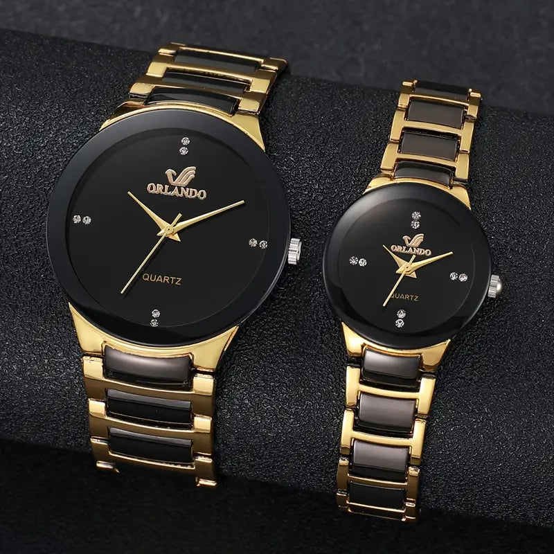 2pcs Elegant Quartz Couple'S Watch Set, Classic British Style, (Watch Box Not Included)