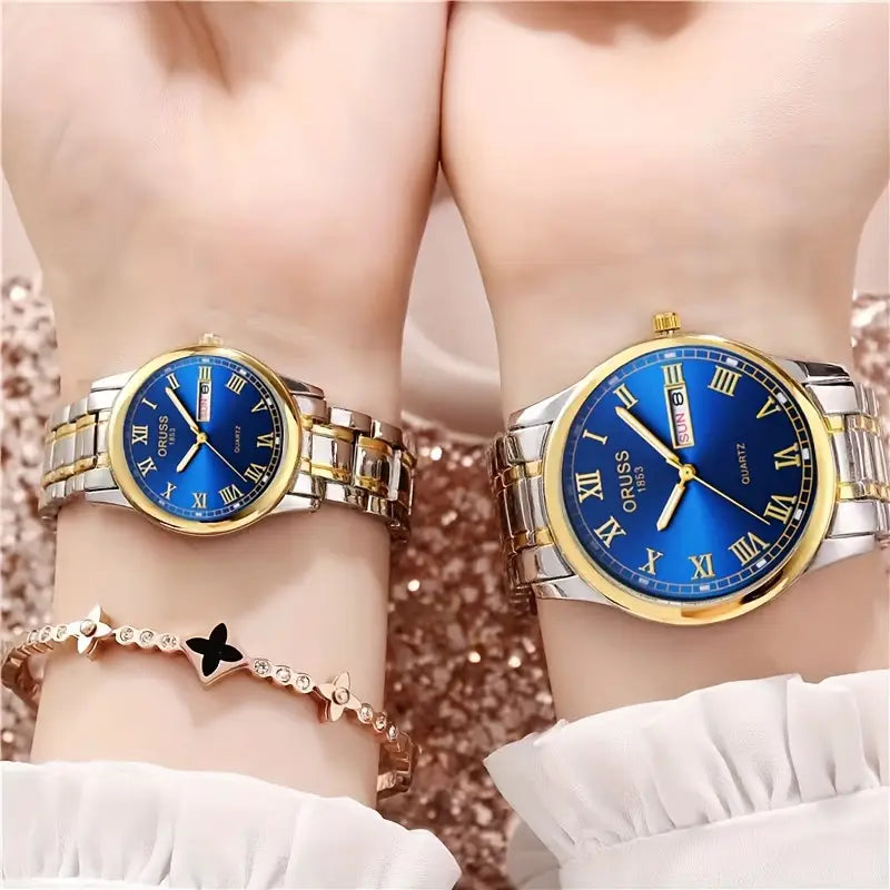 2pcs Couples Quartz Watch Business Leisure Fashion Calendar Analog Wrist Watch