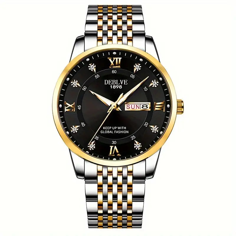 Men's Business Style Quartz Watch, Stainless Steel Band, Round Zinc Alloy Case