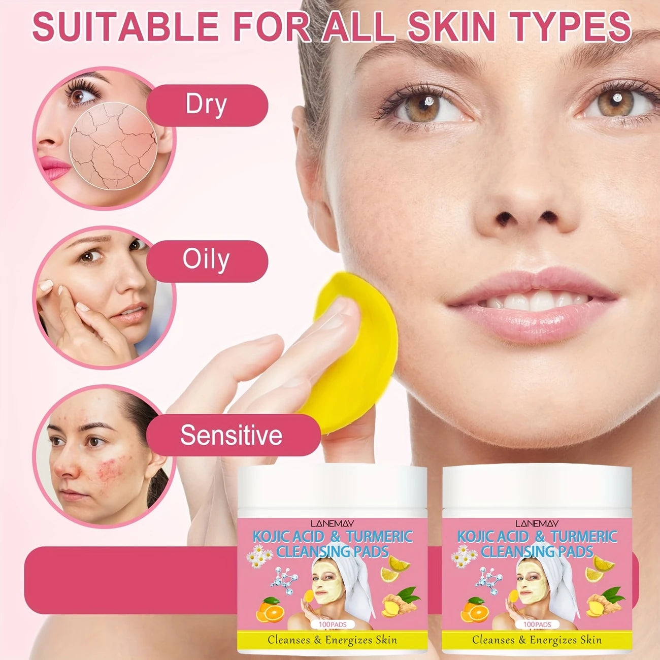 Kojic Acid & Turmeric Cleansing Pads for Face, Deep Cleanse & Brighten with Vitamin C, Alcohol-Free