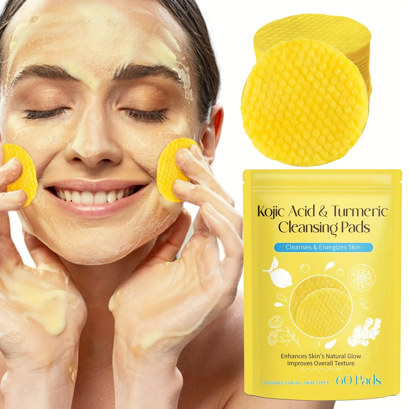 Kojic Acid & Turmeric Cleansing Pads for Face, Deep Cleanse & Brighten with Vitamin C, Alcohol-Free