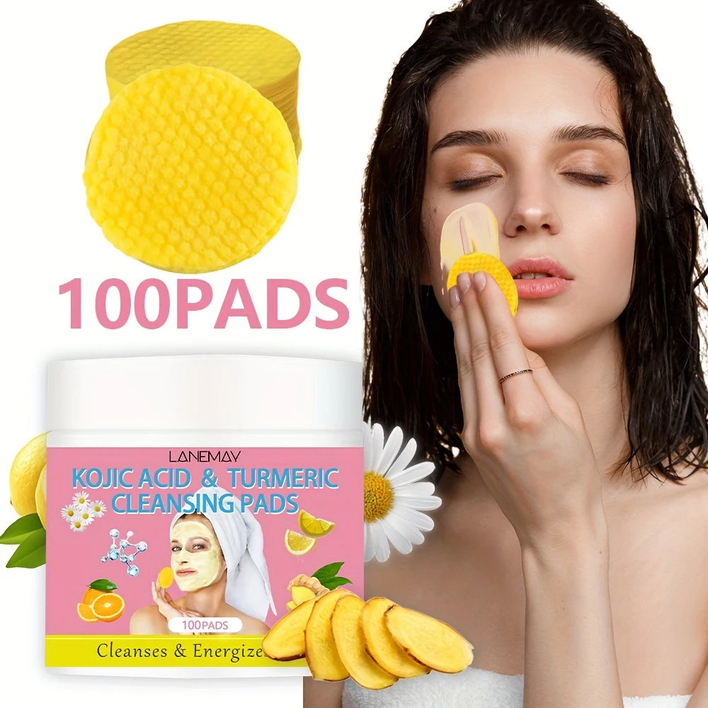 Kojic Acid & Turmeric Cleansing Pads for Face, Deep Cleanse & Brighten with Vitamin C, Alcohol-Free