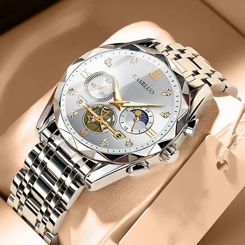 KASRLUO Men's Elegant Quartz Watch, Stainless Steel Band & Case, Sporty Business Style, Non-Rechargeable Battery