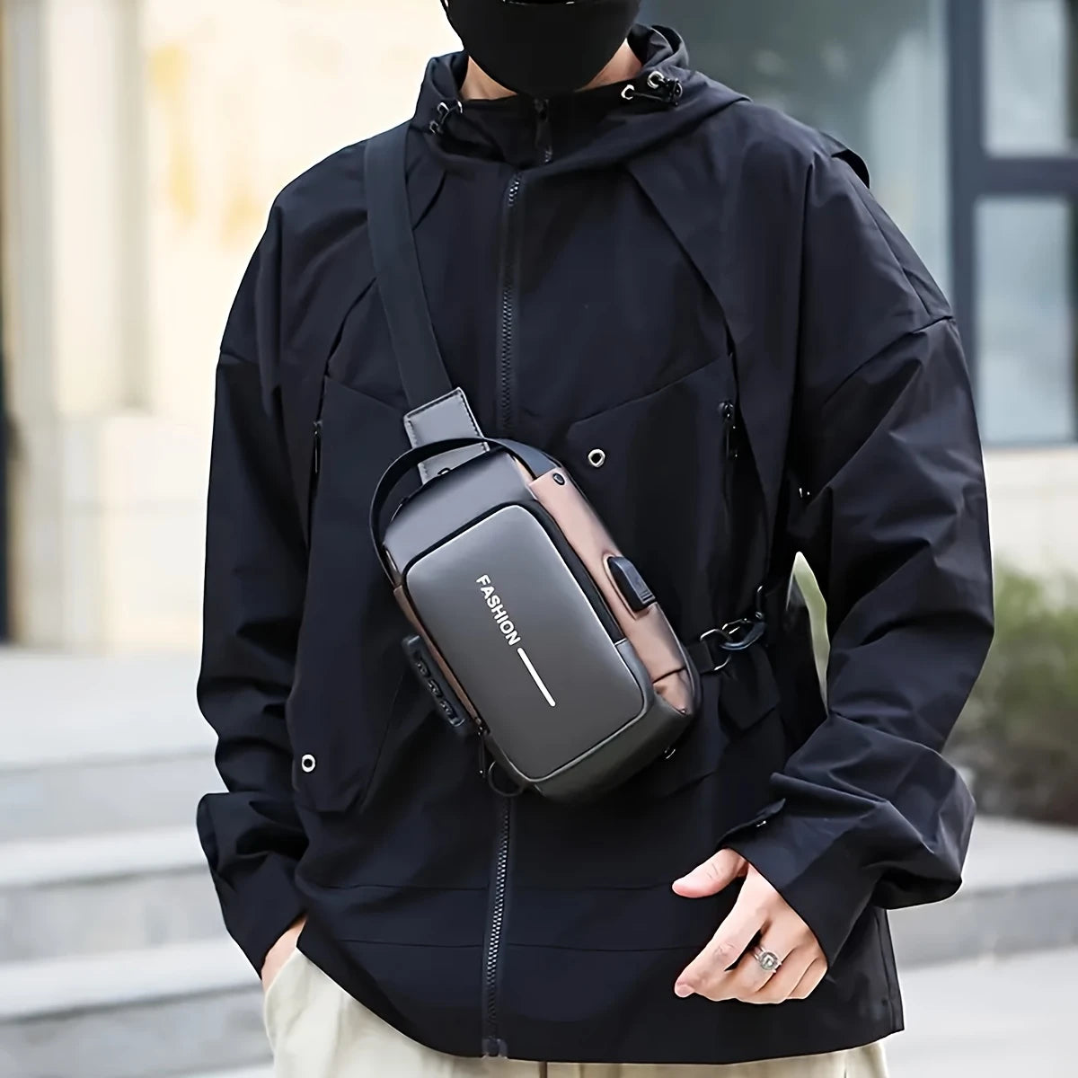 Men's Oxford Textured Crossbody Chest Bag with Combination Lock