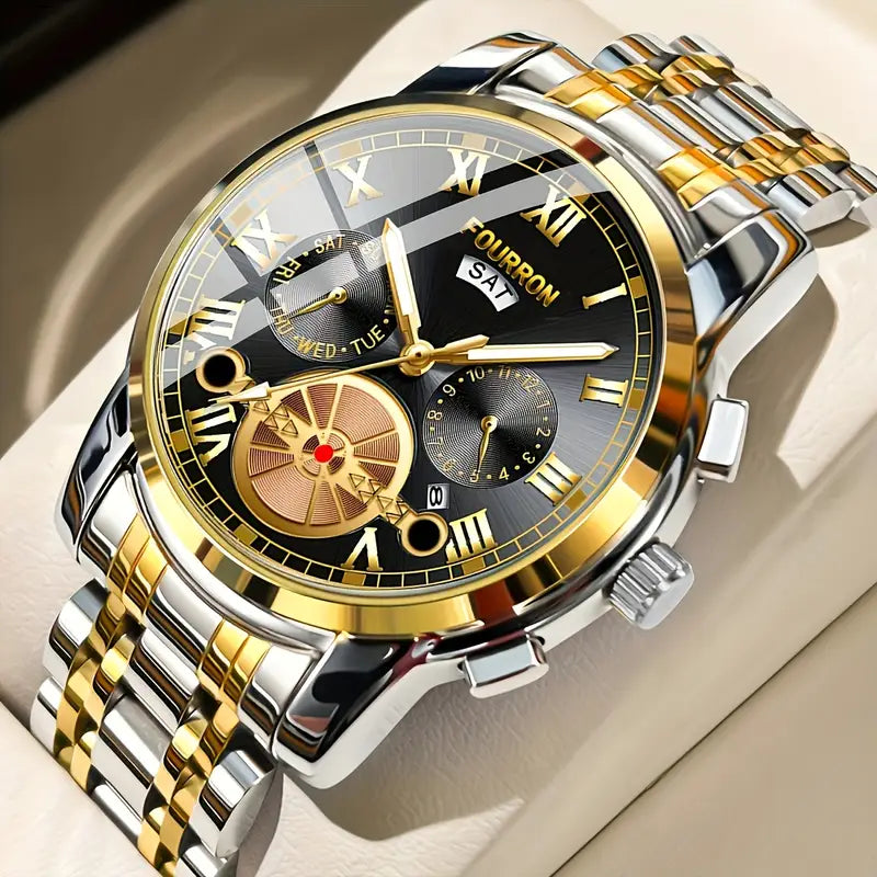 Elegant Men's Stainless Steel Quartz Watch with Date Calendar, Luminous Hands, Round Zinc Alloy Case