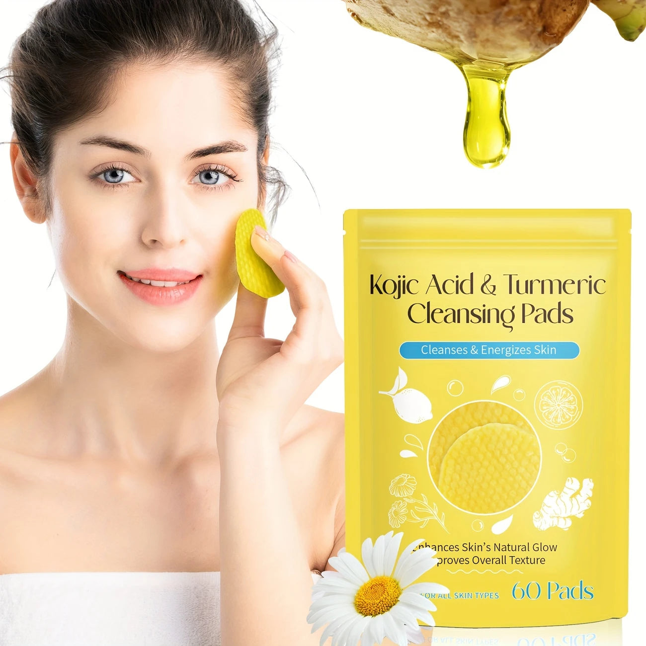 Kojic Acid & Turmeric Cleansing Pads for Face, Deep Cleanse & Brighten with Vitamin C, Alcohol-Free