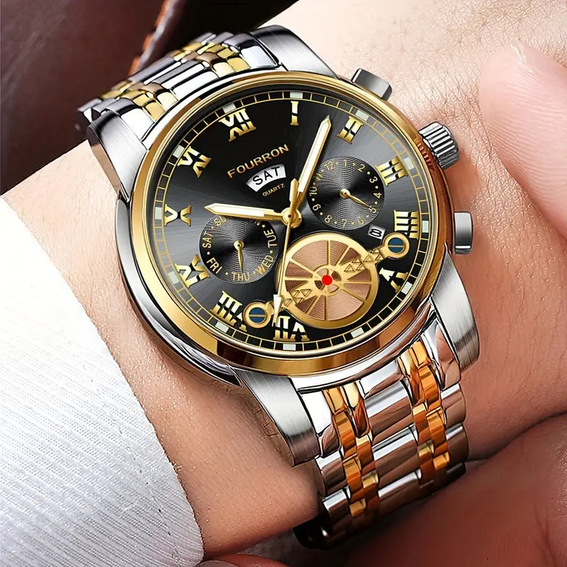 Elegant Men's Stainless Steel Quartz Watch with Date Calendar, Luminous Hands, Round Zinc Alloy Case