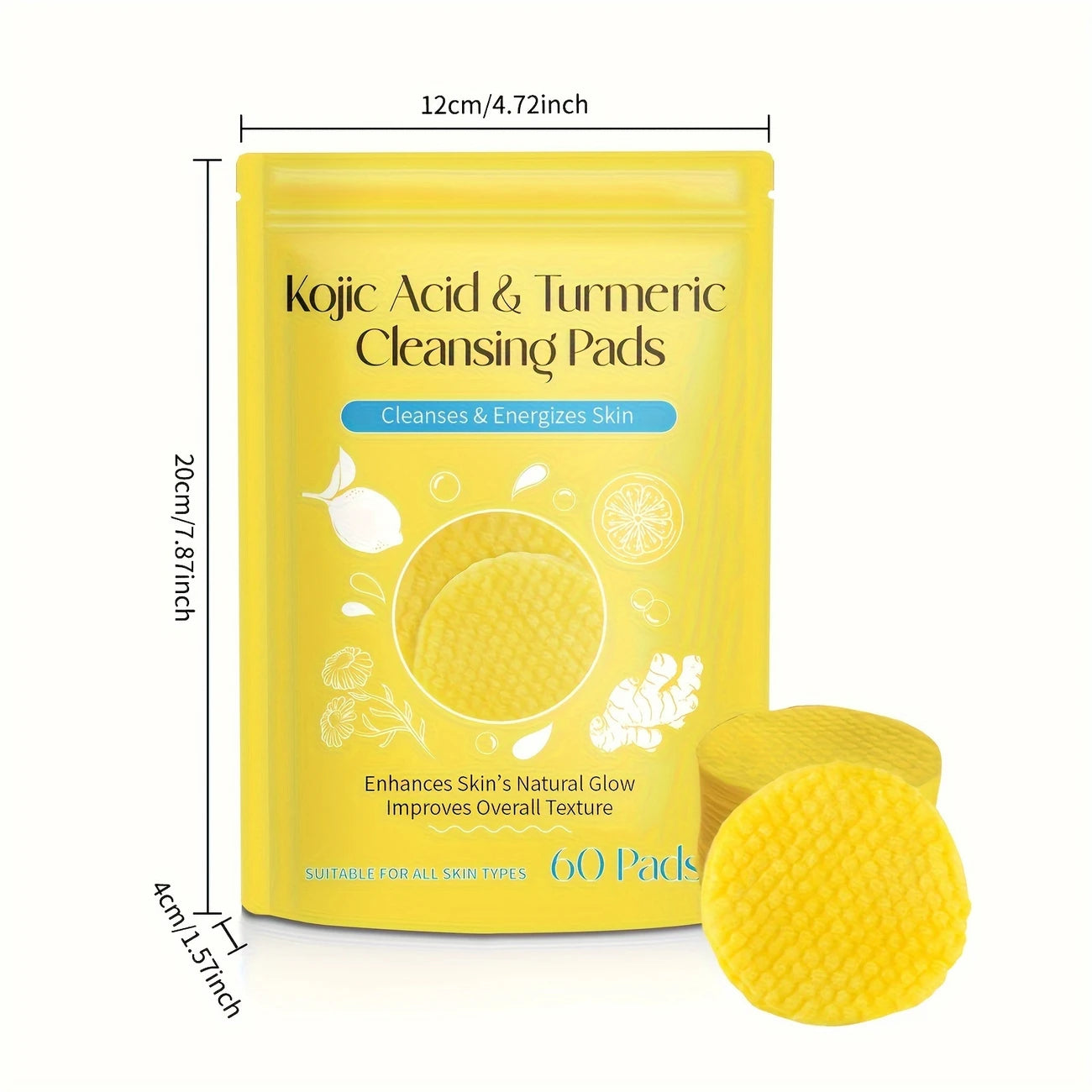 Kojic Acid & Turmeric Cleansing Pads for Face, Deep Cleanse & Brighten with Vitamin C, Alcohol-Free