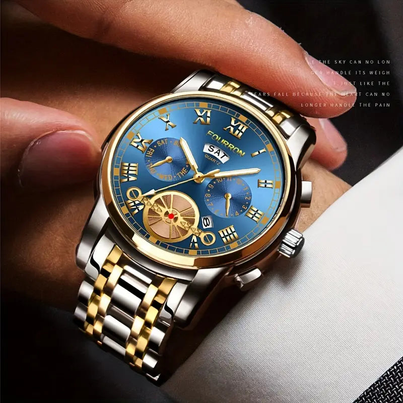 Elegant Men's Stainless Steel Quartz Watch with Date Calendar, Luminous Hands, Round Zinc Alloy Case