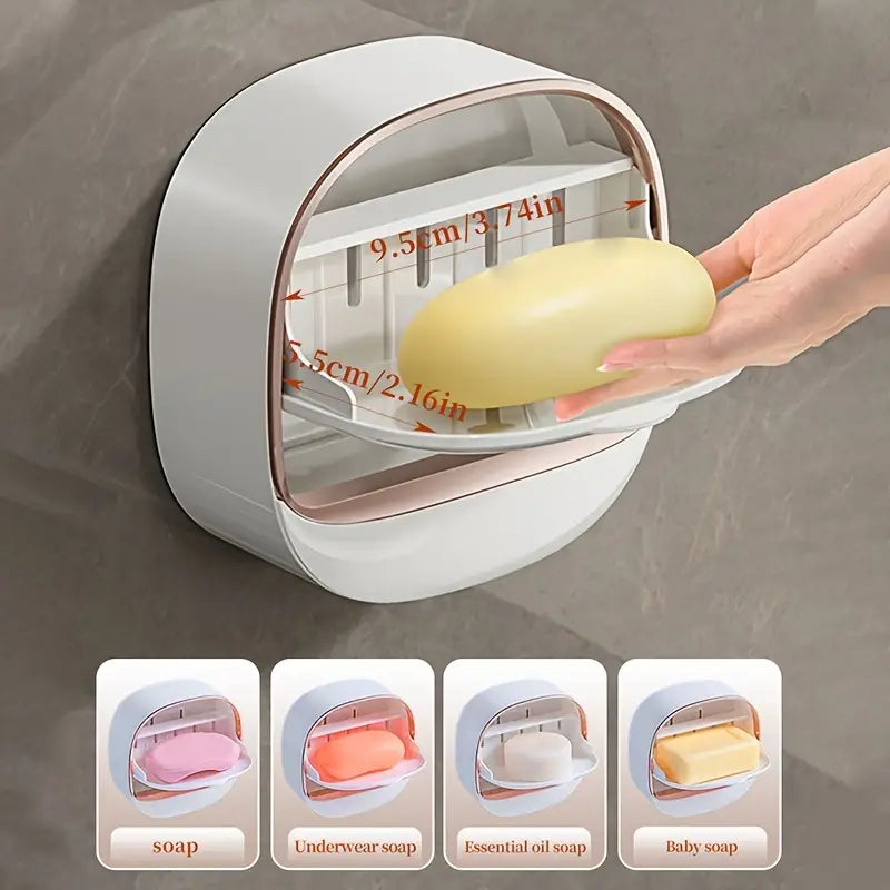 2pcs Easy-Install Wall-Mounted Soap Dish with Lid - Waterproof ABS, No-Drill Drainage Design for Bathroom & Shower, Perfect for Travel
