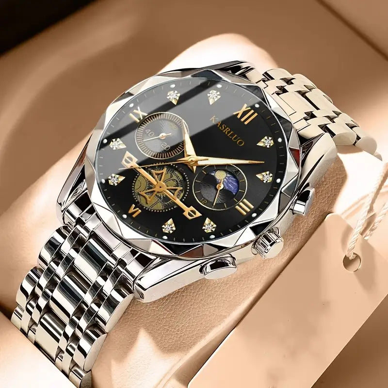 KASRLUO Men's Elegant Quartz Watch, Stainless Steel Band & Case, Sporty Business Style, Non-Rechargeable Battery