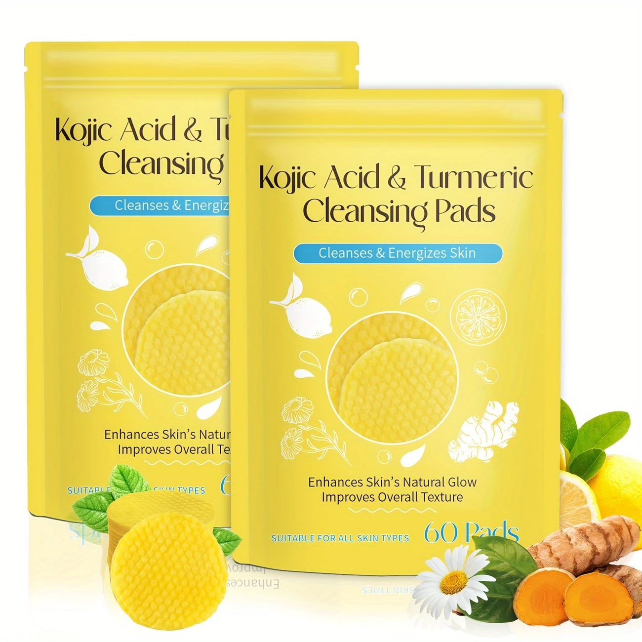 Kojic Acid & Turmeric Cleansing Pads for Face, Deep Cleanse & Brighten with Vitamin C, Alcohol-Free
