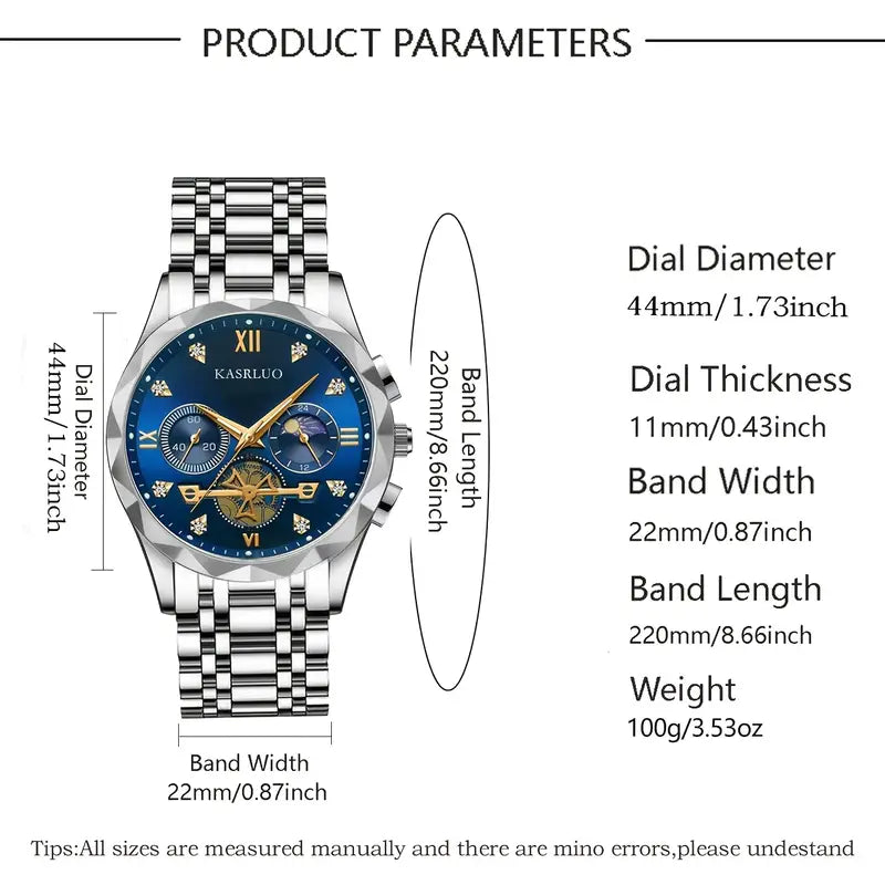 KASRLUO Men's Elegant Quartz Watch, Stainless Steel Band & Case, Sporty Business Style, Non-Rechargeable Battery