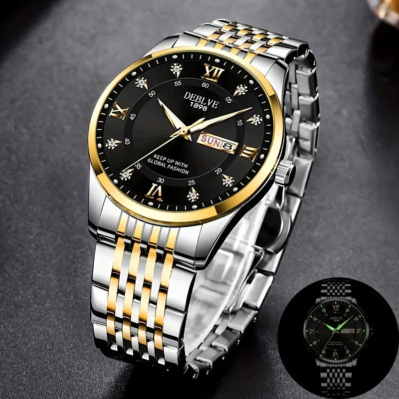Men's Business Style Quartz Watch, Stainless Steel Band, Round Zinc Alloy Case