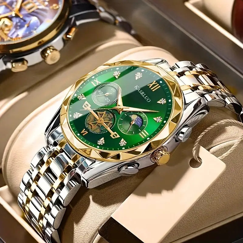 KASRLUO Men's Elegant Quartz Watch, Stainless Steel Band & Case, Sporty Business Style, Non-Rechargeable Battery
