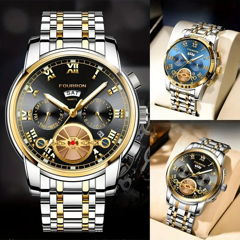 Elegant Men's Stainless Steel Quartz Watch with Date Calendar, Luminous Hands, Round Zinc Alloy Case