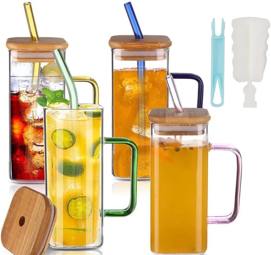 Drinking Glasses with Lids, Straw and Colored Handle, Iced Coffee & Water Glasses 400ML