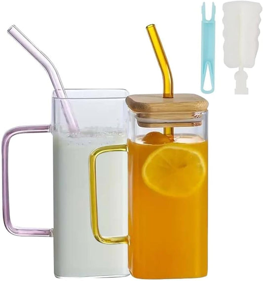 Drinking Glasses with Lids, Straw and Colored Handle, Iced Coffee & Water Glasses 400ML