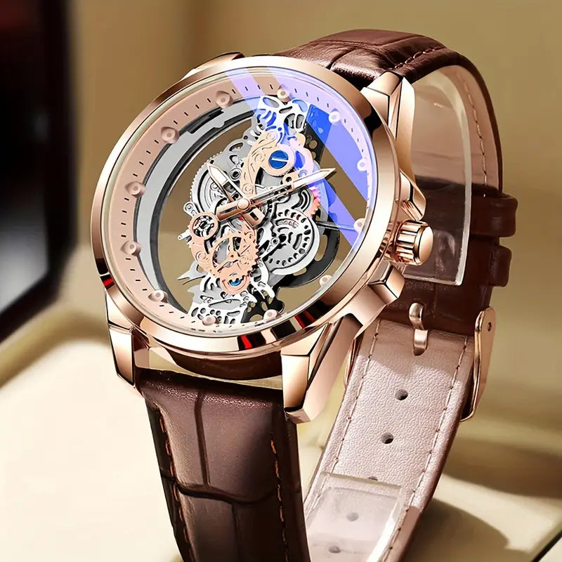 Luxury Men's Rose Golden Skeleton Quartz Watch - Elegant Glow-in-the-Dark, Luminous Hands