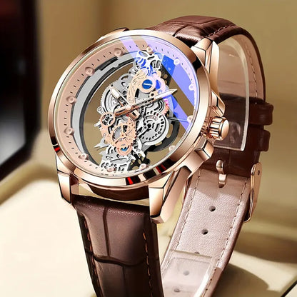 Luxury Men's Rose Golden Skeleton Quartz Watch - Elegant Glow-in-the-Dark, Luminous Hands