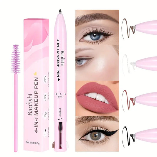 4-in-1 Makeup Pen Set, Volumizing Crayon for All Skin Types, Matte Finish, Multi-Color Tones, Eyebrow, Eyeliner, Highlighter, Lip Clour Brush