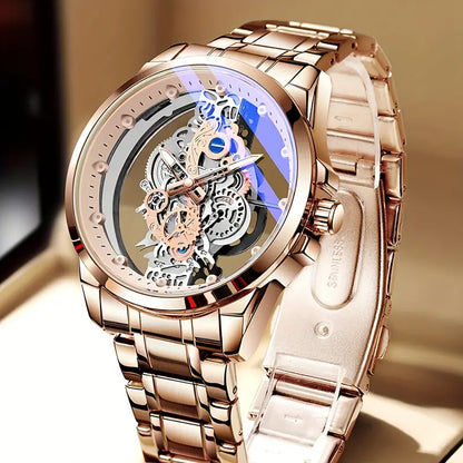 Luxury Men's Rose Golden Skeleton Quartz Watch - Elegant Glow-in-the-Dark, Luminous Hands