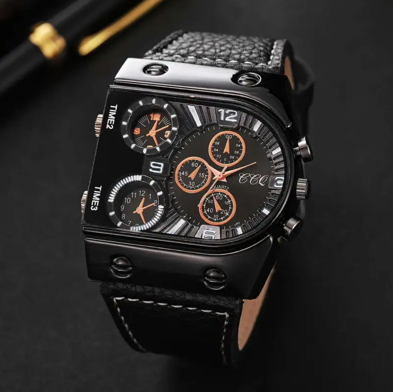 Men'S Fashion Punk Style Quartz Wrist Watch with Large Dial, Alloy Case, Faux Leather Band