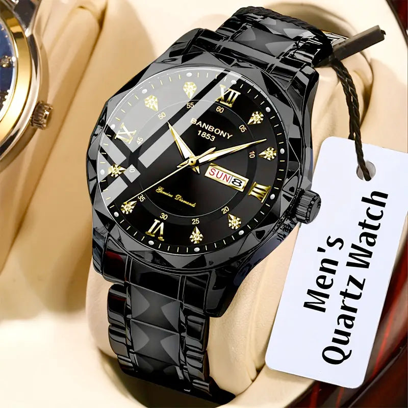 1pc Stainless Steel Strap Men's Roman Numerals Dial Rhinestones Multifunctional Watch, Ideal For Birthday, Holiday Gifts