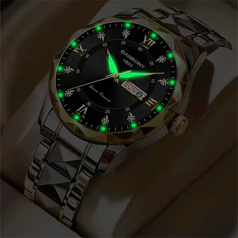 1pc Stainless Steel Strap Men's Roman Numerals Dial Rhinestones Multifunctional Watch, Ideal For Birthday, Holiday Gifts