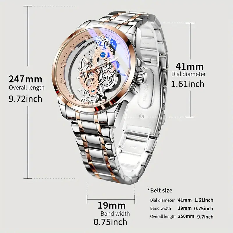 Luxury Men's Rose Golden Skeleton Quartz Watch - Elegant Glow-in-the-Dark, Luminous Hands