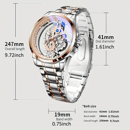 Luxury Men's Rose Golden Skeleton Quartz Watch - Elegant Glow-in-the-Dark, Luminous Hands